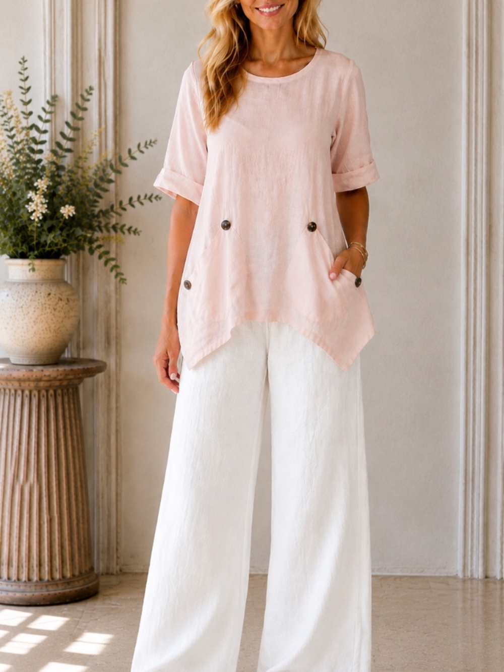 Heart’s Desire by Mary Grace Pink Linen Lagenlook Tunic Top Pockets XS